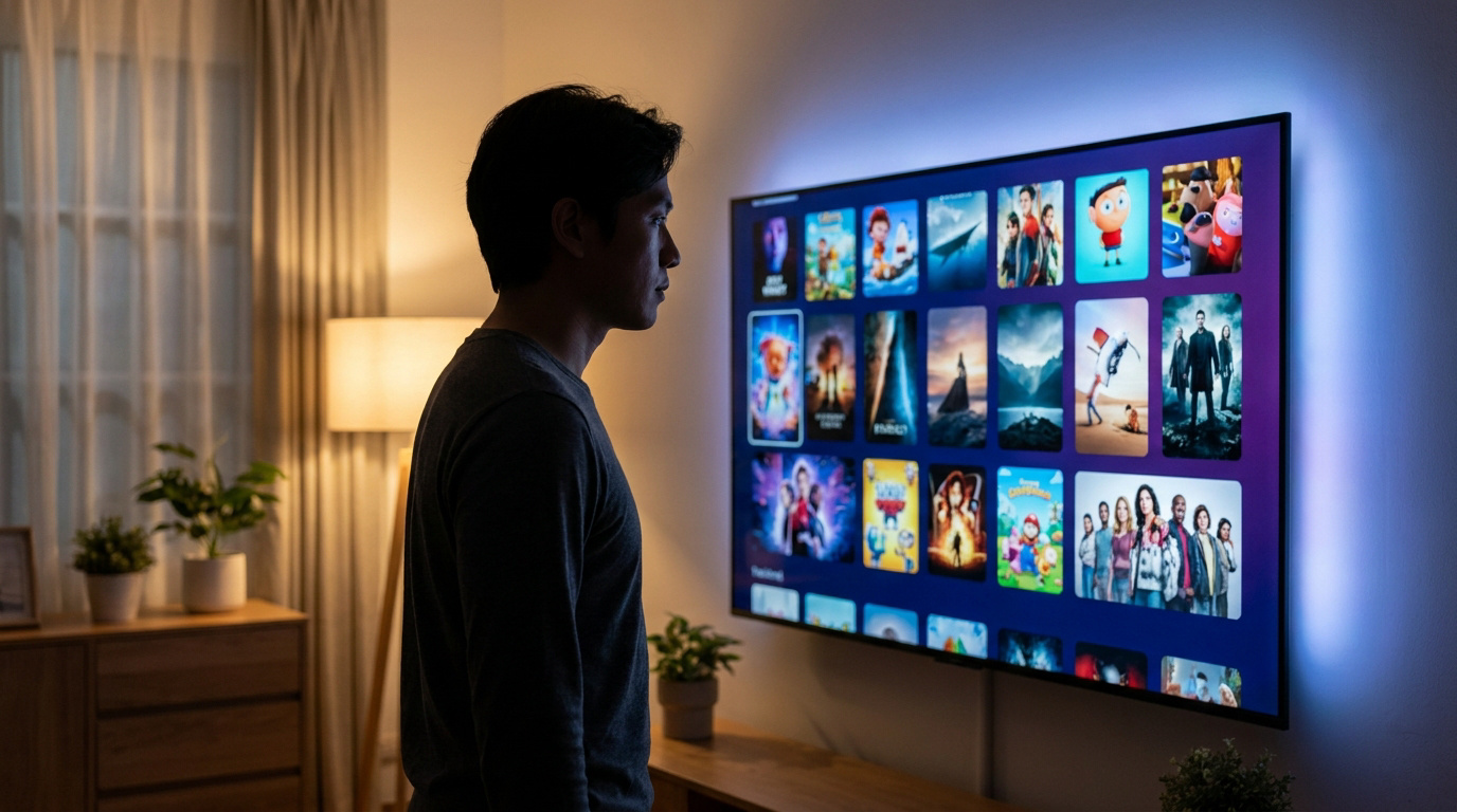 Un homme de profil face à un grand écran TV affichant un menu de streaming avec des vignettes de films. Lumière d'ambiance.