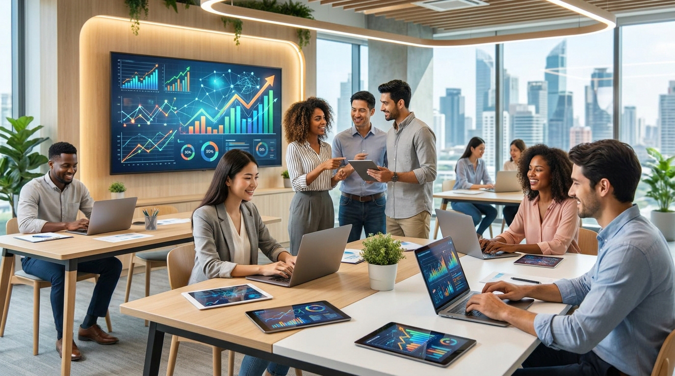 Groupe diversifié d'étudiants ou professionnels travaillant sur des ordinateurs portables dans un espace moderne. Grand écran affiche des graphiques de données.