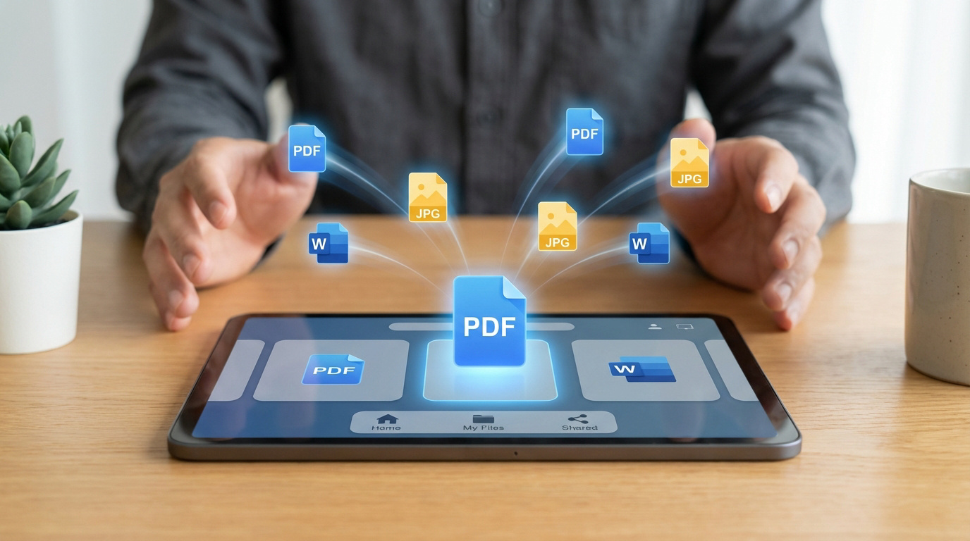 Une personne gère divers fichiers (PDF, JPG, Word) qui convergent vers un PDF central sur une tablette, symbolisant la fusion.