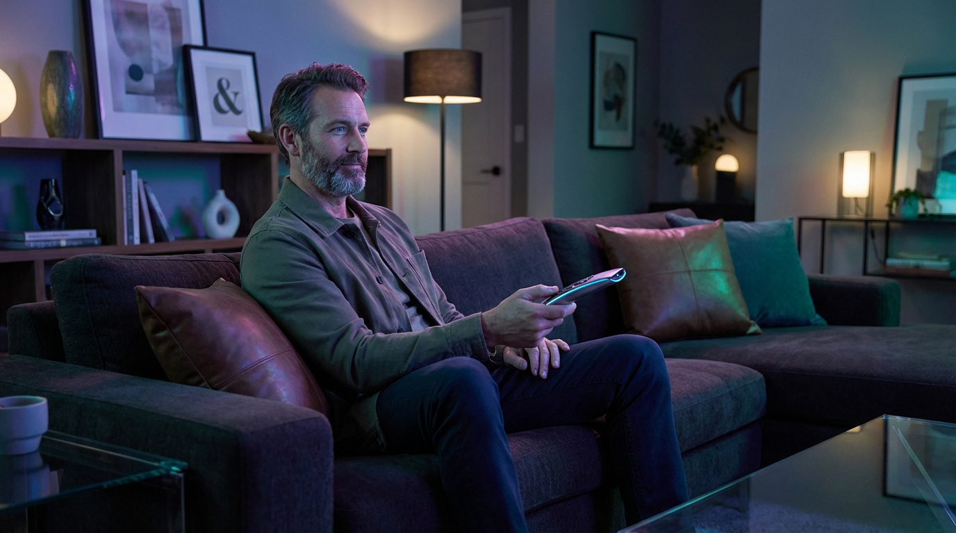 Homme barbu d'âge moyen sur un canapé sombre, télécommande en main, regardant la télévision dans un salon éclairé d'ambiance.