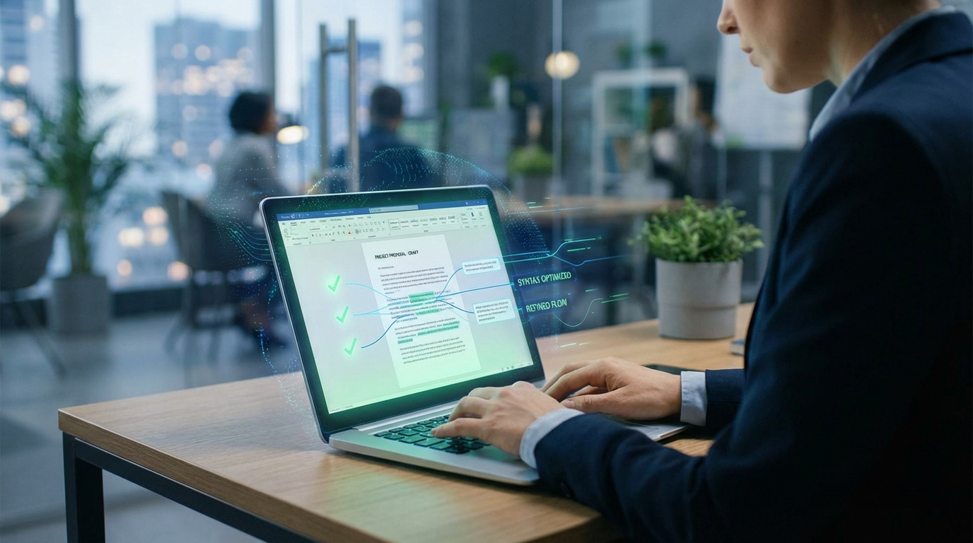 Professionnel corrigeant un document sur un laptop avec IA, montrant des suggestions de syntaxe et de flux optimisés.