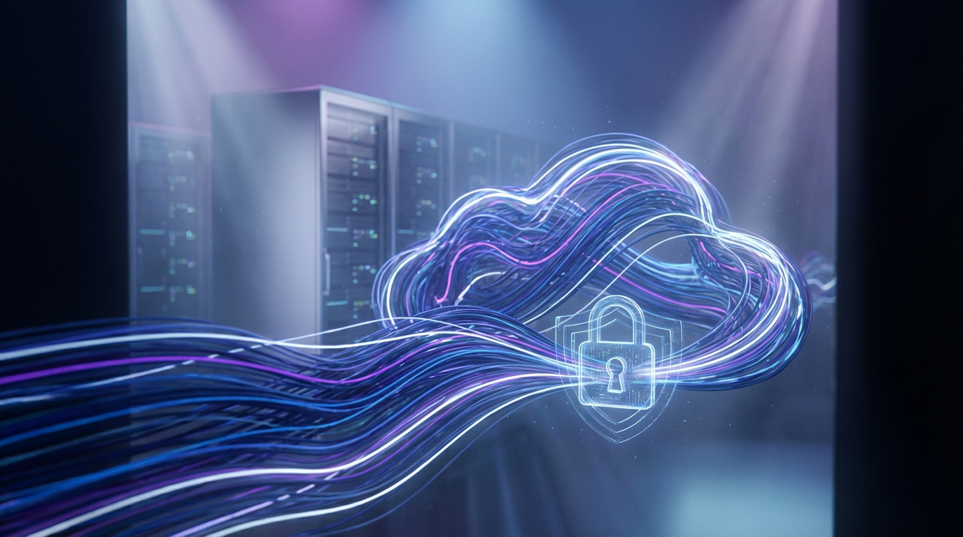 Illustration 3D de données sécurisées dans le cloud, avec un cadenas et des serveurs en arrière-plan, symbolisant l'hébergement OVHcloud.