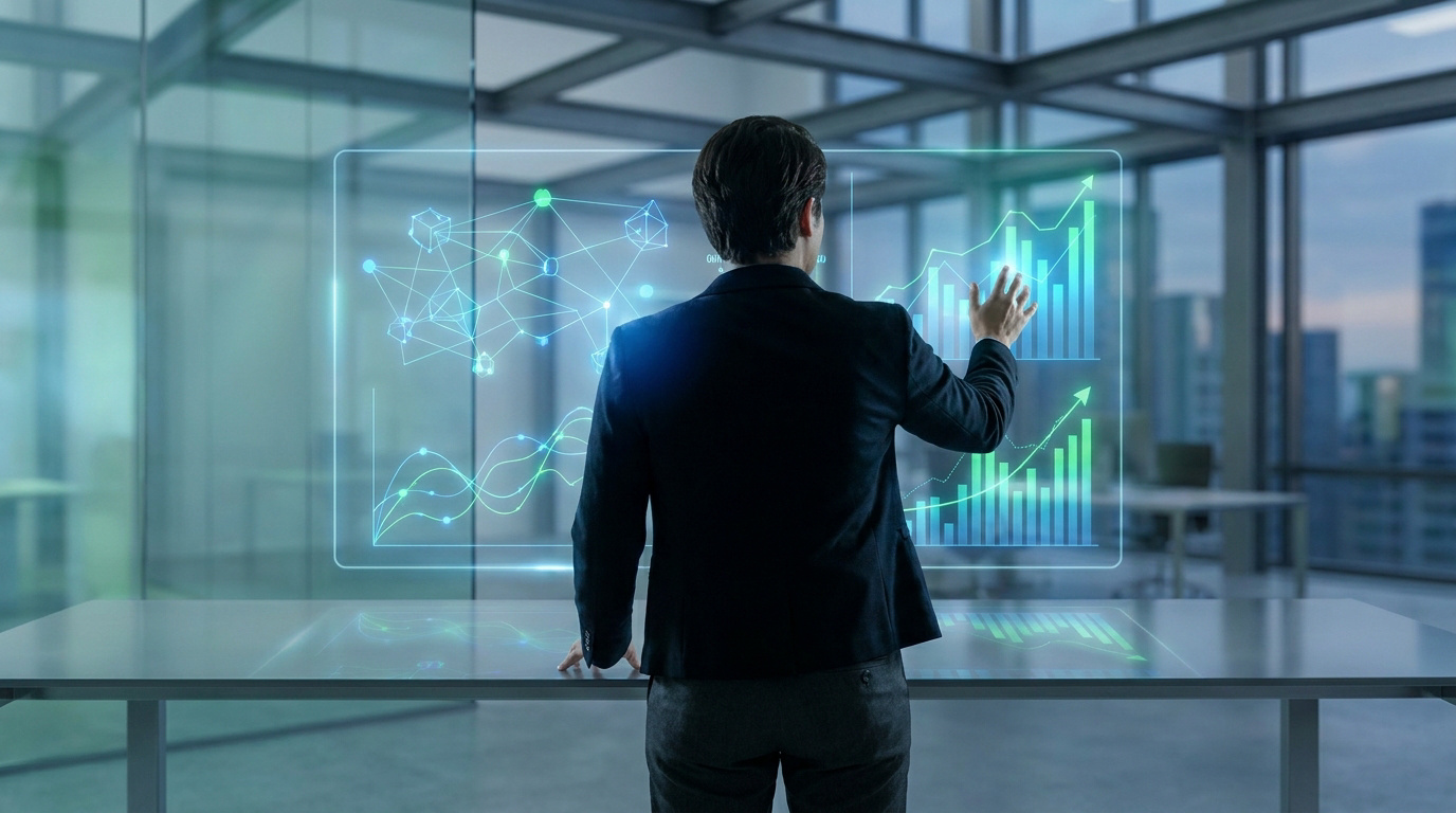 Un homme en costume interagit avec un écran transparent futuriste affichant des graphiques de croissance, des données et un réseau neuronal, dans un bureau moderne.