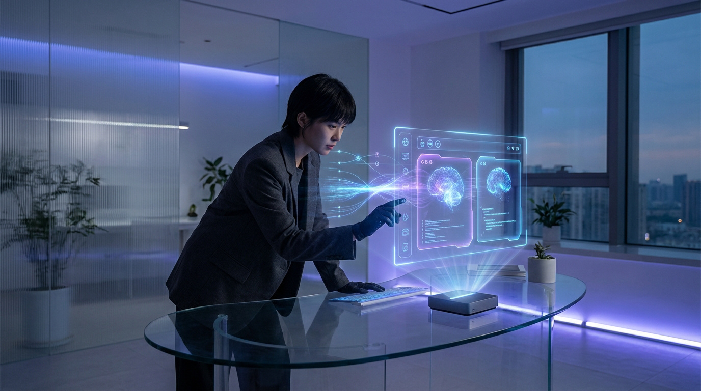 Personne interagit avec une interface holographique futuriste affichant des données cérébrales et du code dans un bureau high-tech.