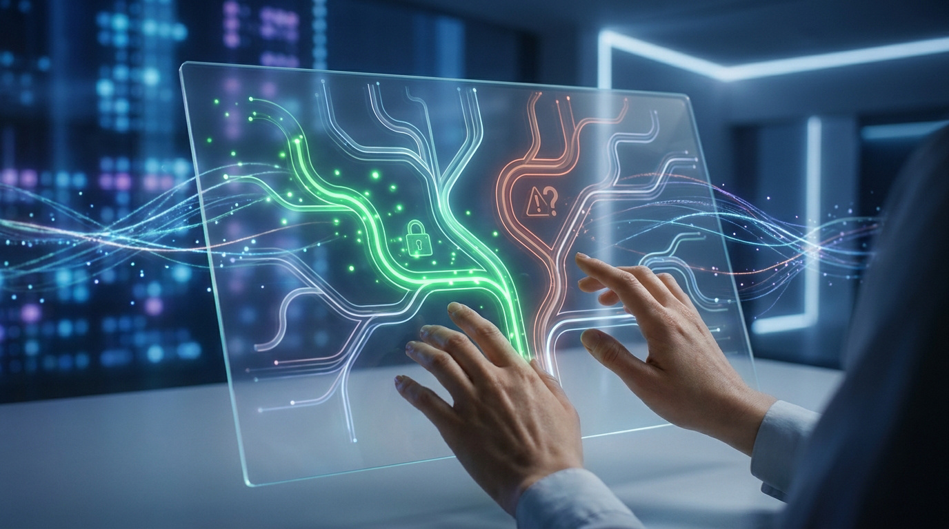 Mains sur écran tactile transparent montrant des chemins de données lumineux : vert (sécurité) et orange (risque). Fond numérique.