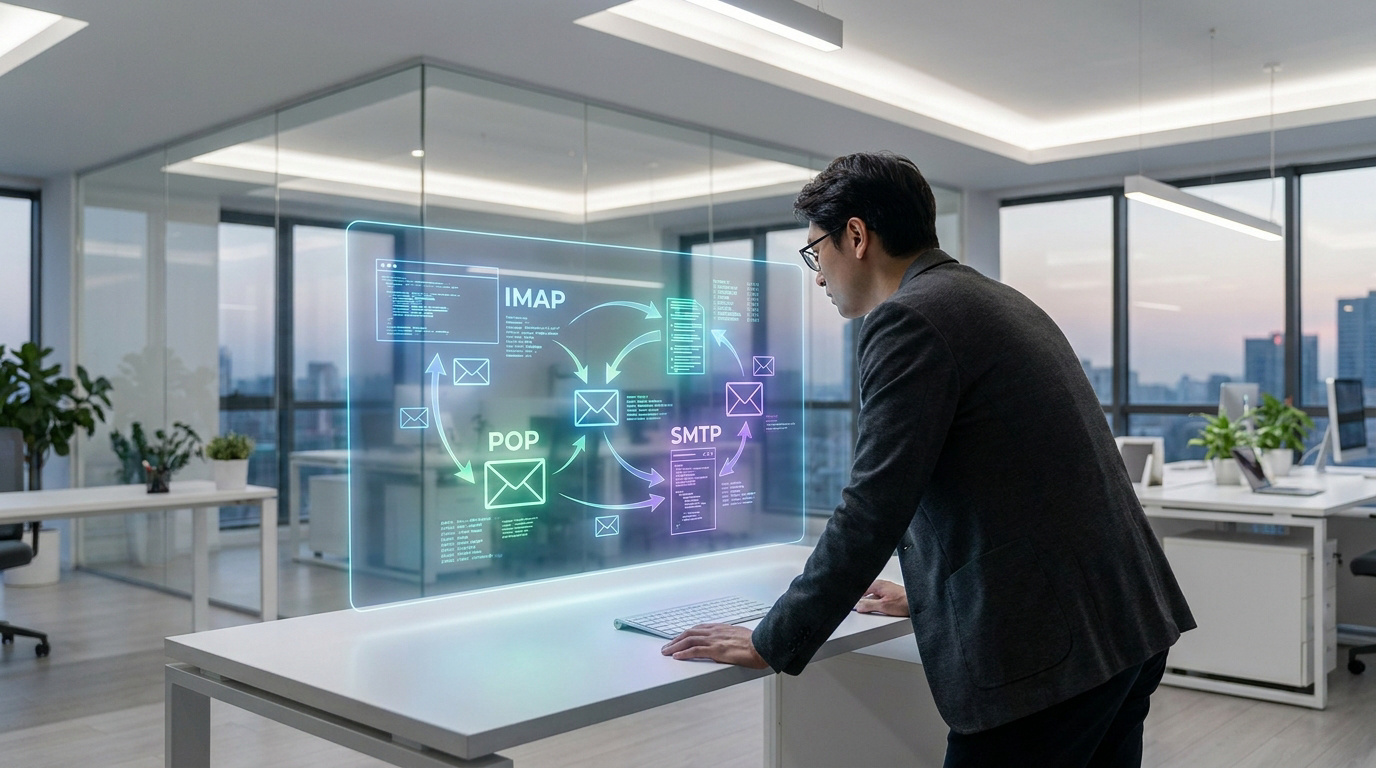 Homme en lunettes devant un écran holographique interactif montrant les protocoles IMAP, POP, SMTP et leurs flux de mail.