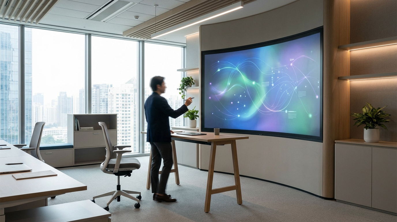 Homme en costume présentant sur un écran interactif incurvé. Bureau moderne lumineux avec vue sur la ville, mobilier contemporain et plantes.