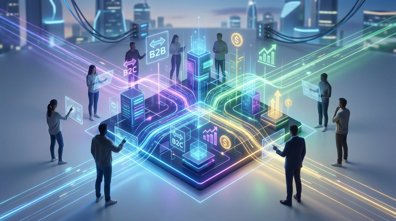 Représentation futuriste d'une marketplace numérique. Des personnes interagissent avec une plateforme lumineuse affichant B2B, B2C, données et croissance, avec une ville moderne en arrière-plan.