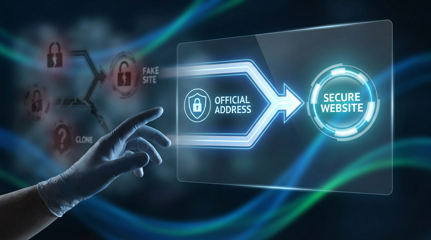 Une main gantée pointe vers une interface numérique affichant "OFFICIAL ADDRESS" menant à "SECURE WEBSITE", évitant les sites faux/clones.