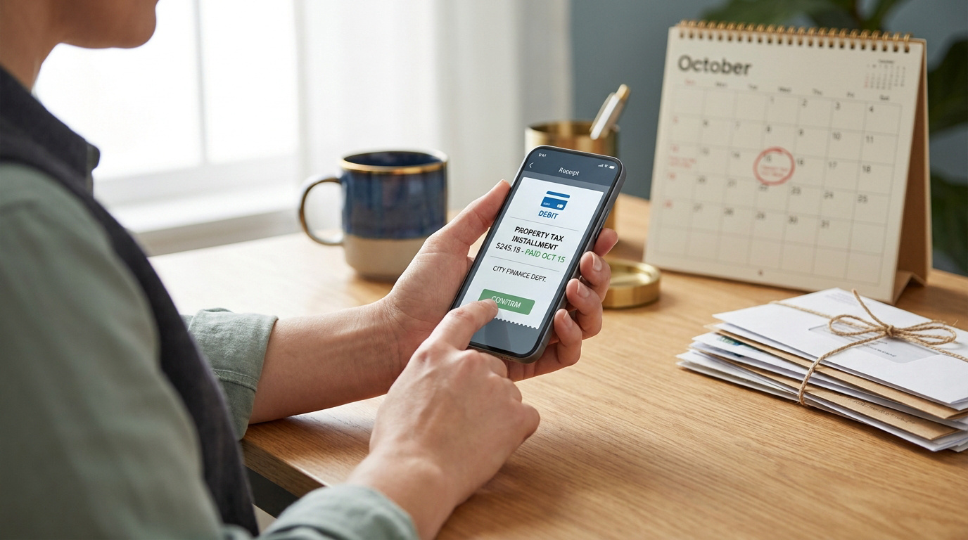 Personne payant sa taxe foncière via un smartphone, affichant une confirmation de paiement. Un calendrier et des courriers sont sur le bureau.