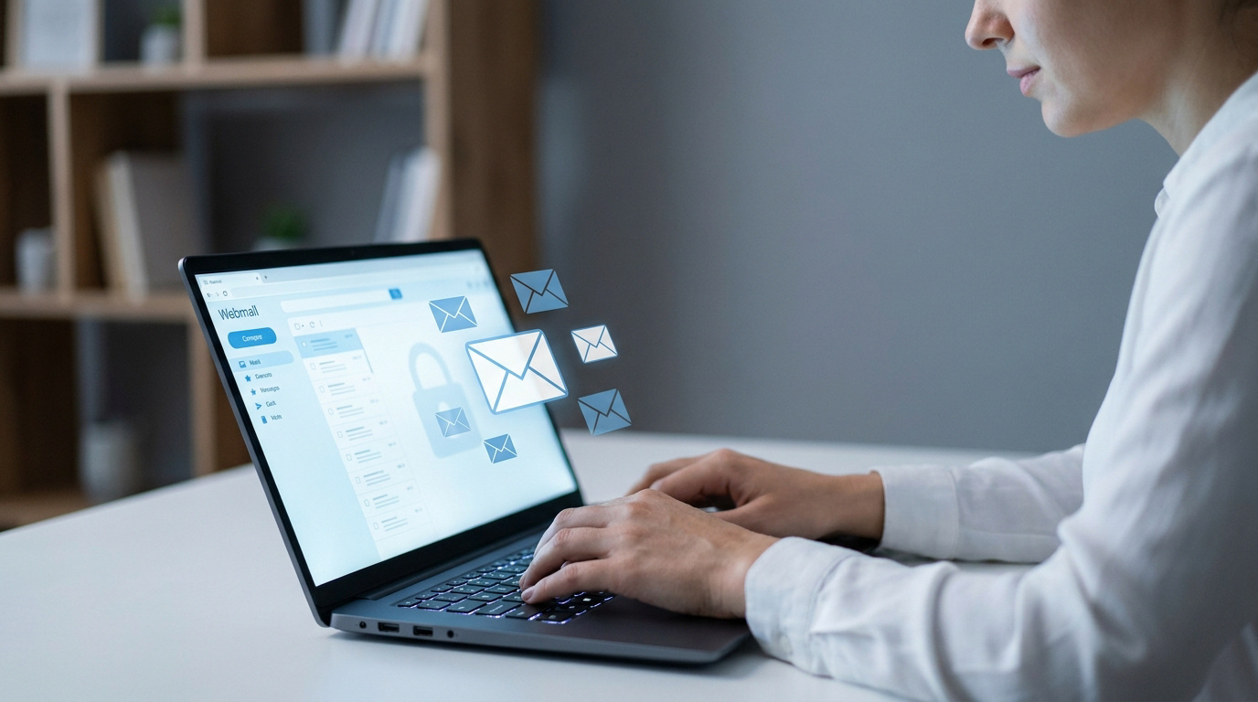Personne tapant sur un ordinateur portable affichant une interface webmail avec des icônes d'e-mails et de cadenas, symbolisant la connexion et la sécurité.