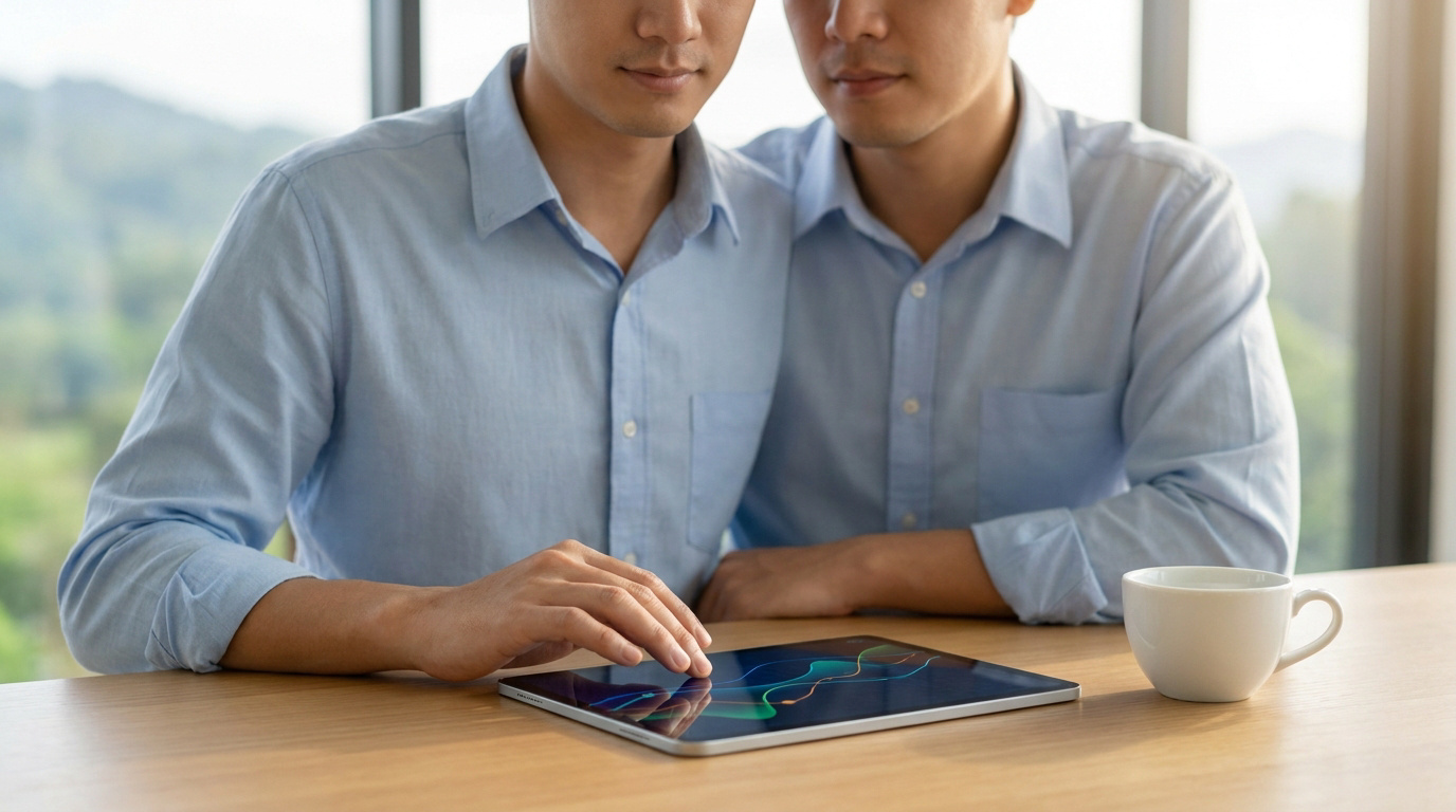 Deux personnes, un couple, consultent une tablette affichant des graphiques financiers. Une tasse blanche sur la table en bois.