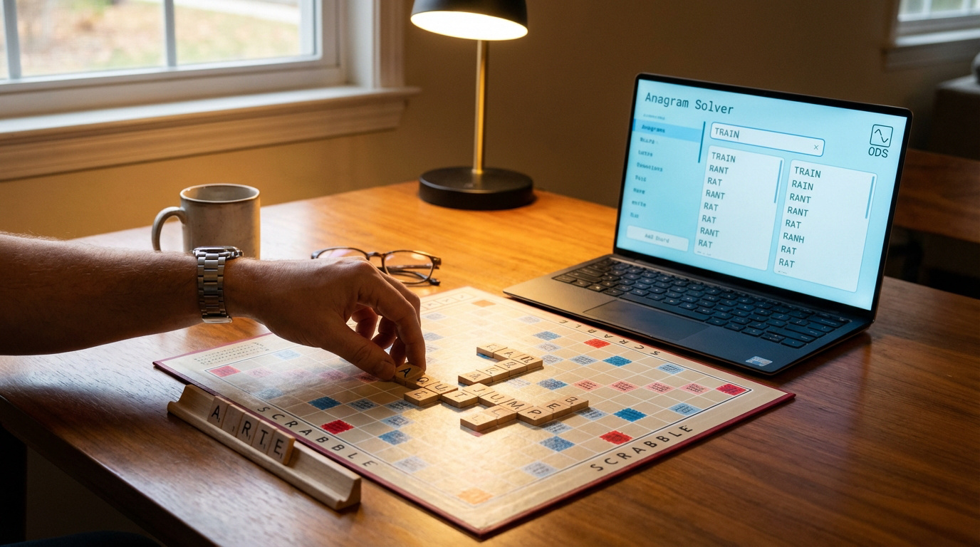 Main plaçant une lettre sur un plateau de Scrabble, avec un ordinateur portable affichant un solveur d'anagrammes à côté.