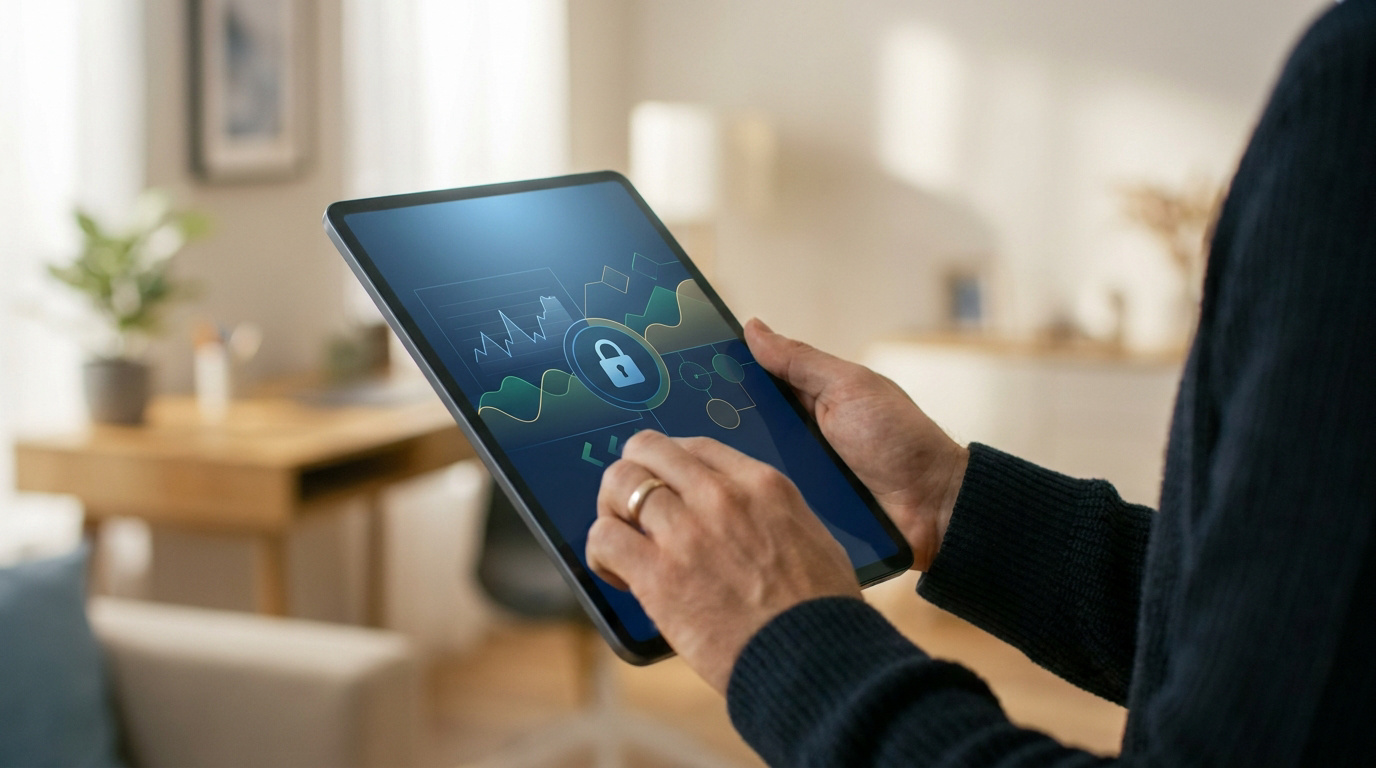 Mains tenant une tablette affichant un cadenas et des graphiques, illustrant la sécurité des données et la gestion financière.