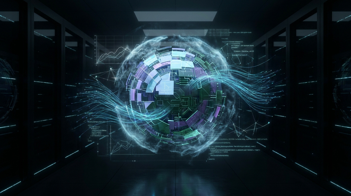 Sphère de données lumineuse dans un centre de serveurs, avec flux d'informations, code et graphiques. Représente l'analyse de risques et la fiabilité.