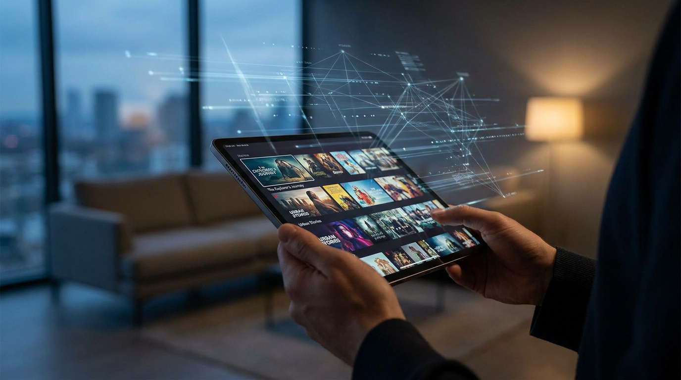 Mains tenant une tablette affichant un service de streaming, avec des hologrammes de données. Fond de salon moderne.