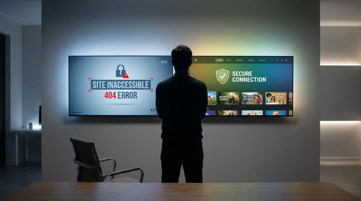 Un homme devant deux écrans : l'un indique une erreur 404 et site inaccessible, l'autre une connexion sécurisée et du contenu.