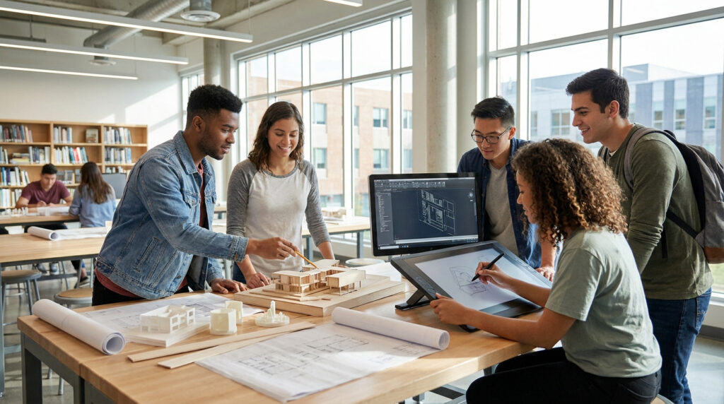 Groupe d'étudiants en architecture collaborant sur une maquette et un dessin numérique dans un studio moderne.