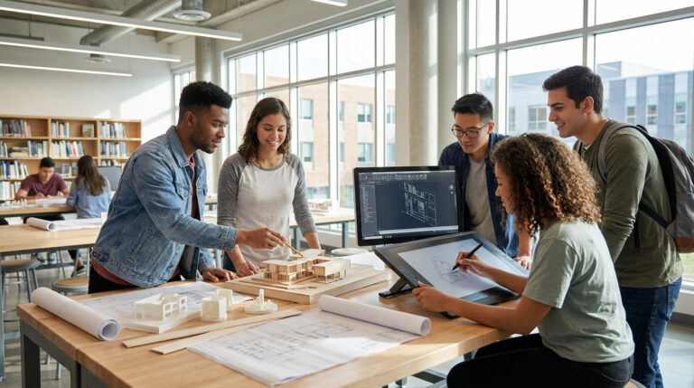 Groupe d'étudiants en architecture collaborant sur une maquette et un dessin numérique dans un studio moderne.