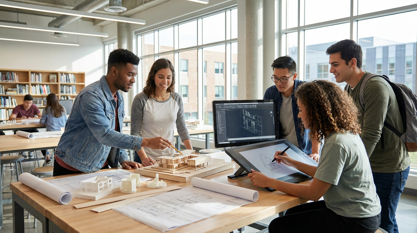 Groupe d'étudiants en architecture collaborant sur une maquette et un dessin numérique dans un studio moderne.