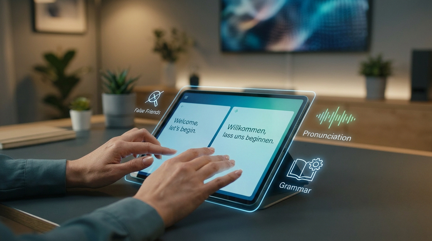 Personne utilisant une tablette avec des icônes holographiques pour la traduction linguistique.