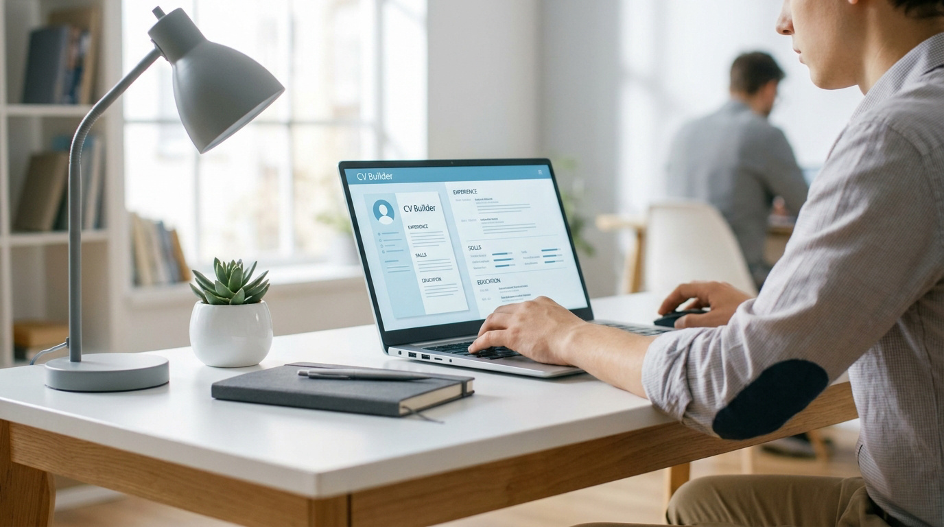 Un homme travaillant sur un ordinateur portable affichant un outil de création de CV dans un bureau moderne.