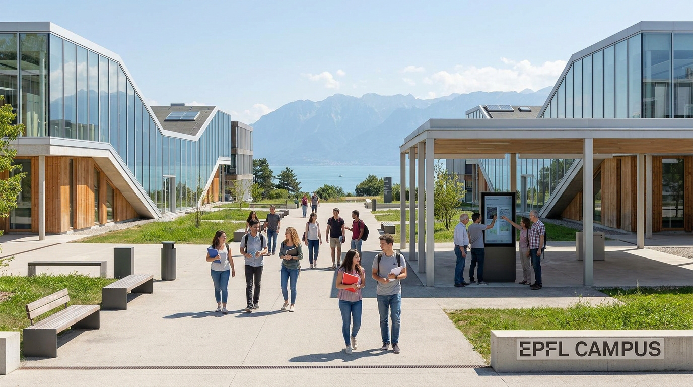 Étudiants marchant sur le campus moderne de l'EPFL avec vue sur le lac Léman et les Alpes.