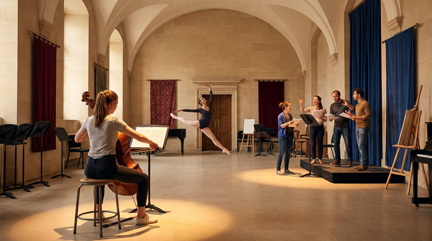 Élèves musiciens, danseuse et chanteurs répétant dans une salle de répétition au Conservatoire de Lyon.