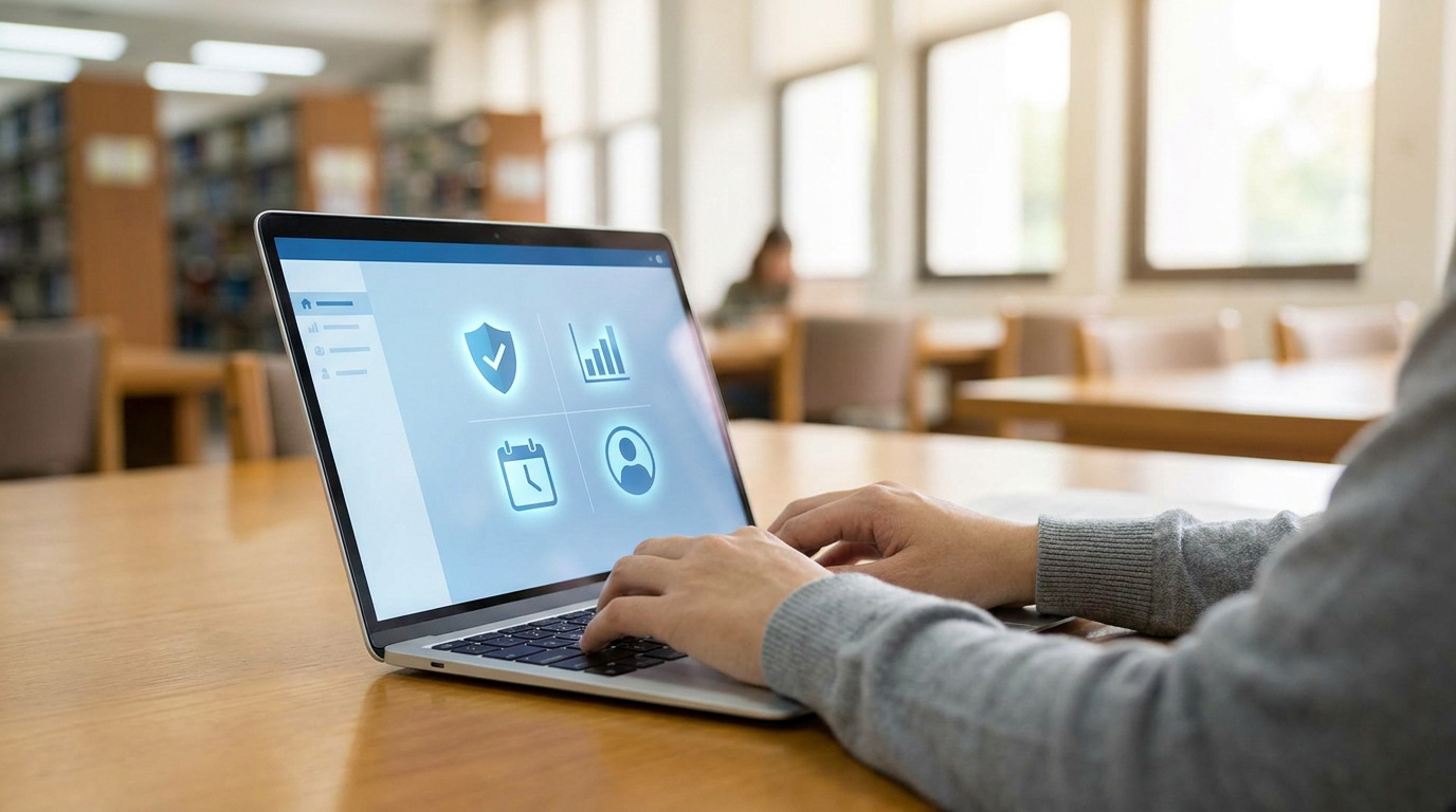 Personne utilisant un ordinateur portable dans une bibliothèque avec une interface de gestion de compte à l'écran.