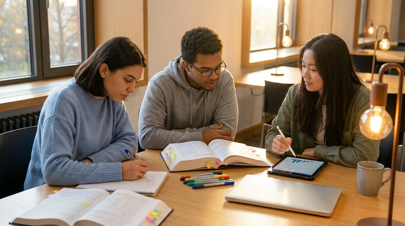 Trois étudiants travaillant ensemble autour d'une table avec des livres, une tablette et des fournitures scolaires.