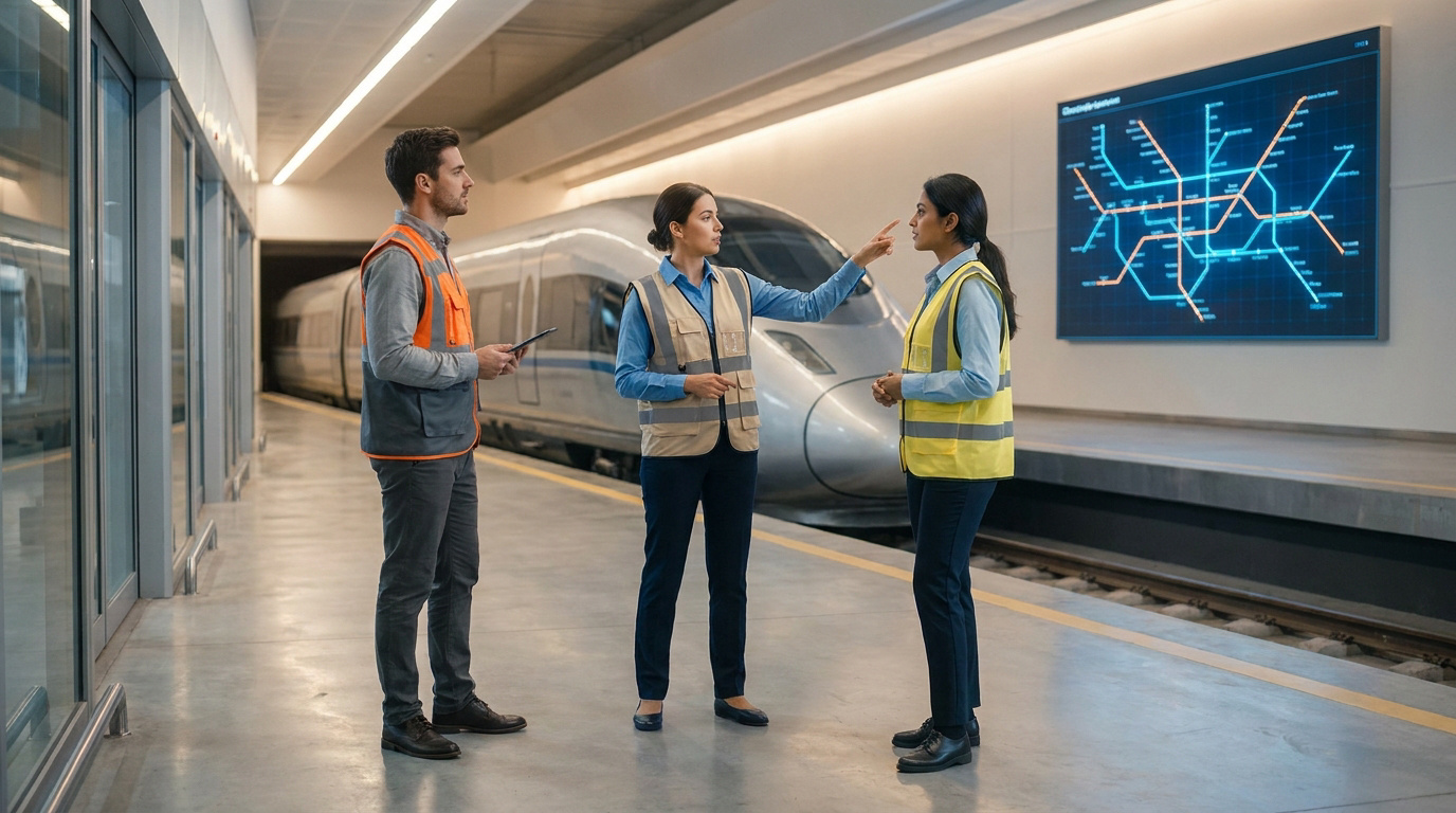 Trois agents SNCF en gilet de sécurité discutent sur un quai de gare devant un train et une carte du réseau ferroviaire.