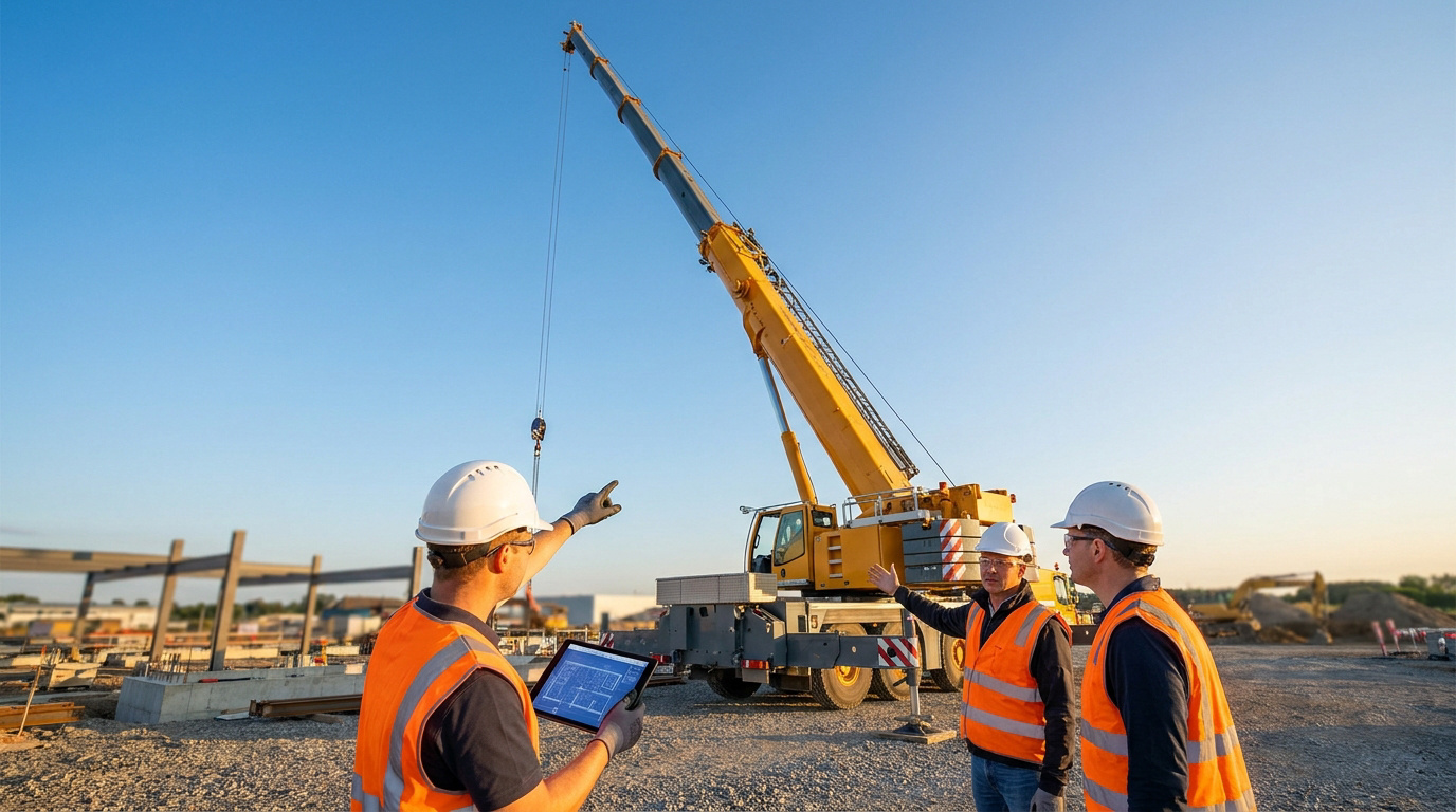Trois professionnels du bâtiment en gilet et casque de sécurité analysant un chantier avec une grue mobile.