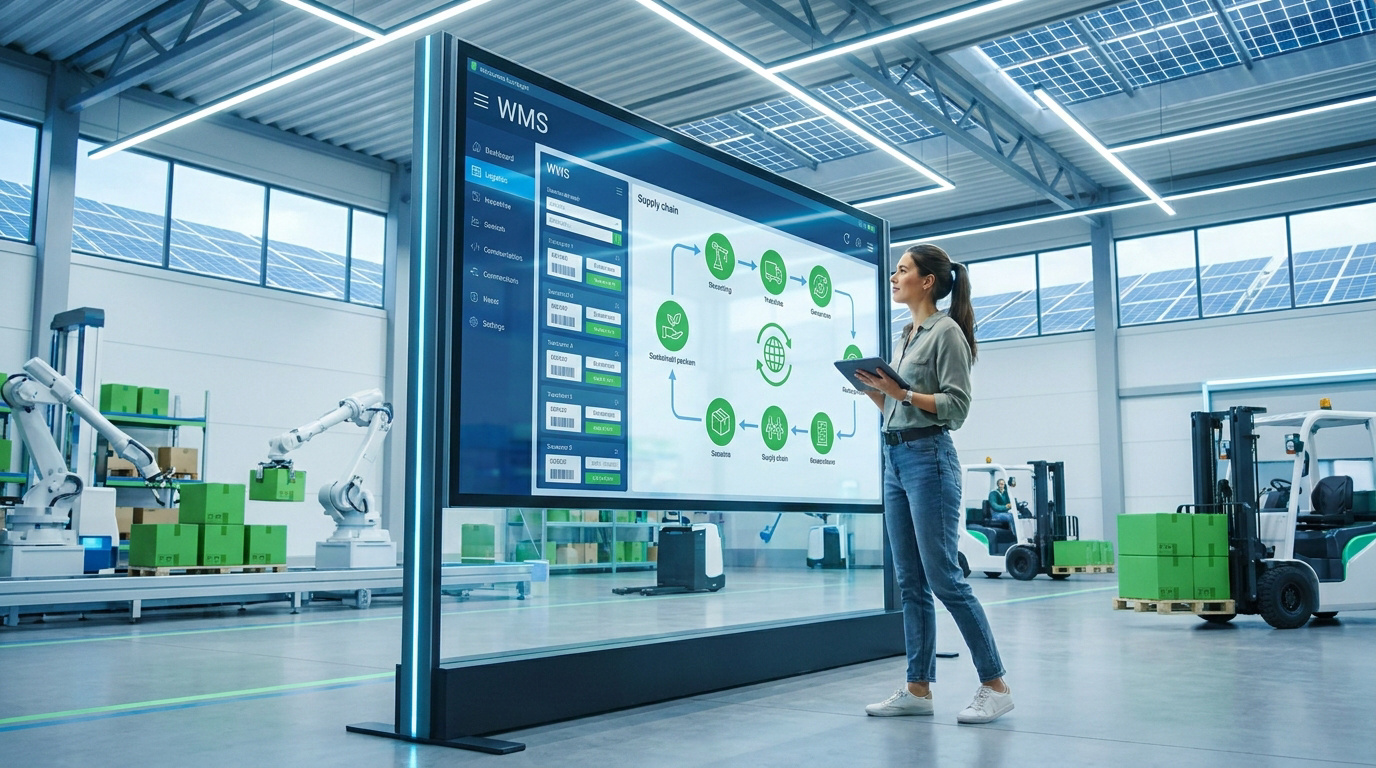 Une experte en logistique analyse un tableau de bord WMS dans un entrepôt automatisé moderne avec des robots et chariots.
