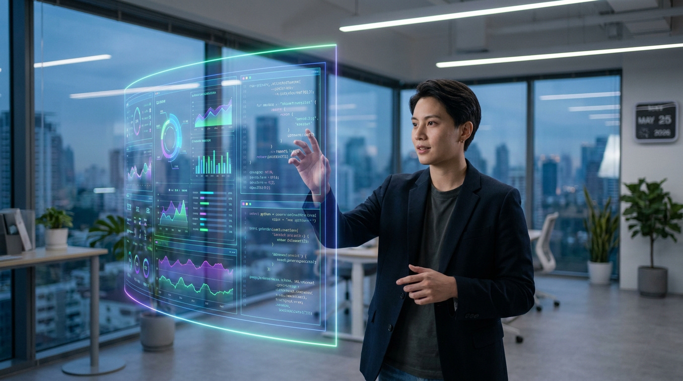 Un analyste de données manipulant un écran holographique avec des graphiques et du code dans un bureau moderne.