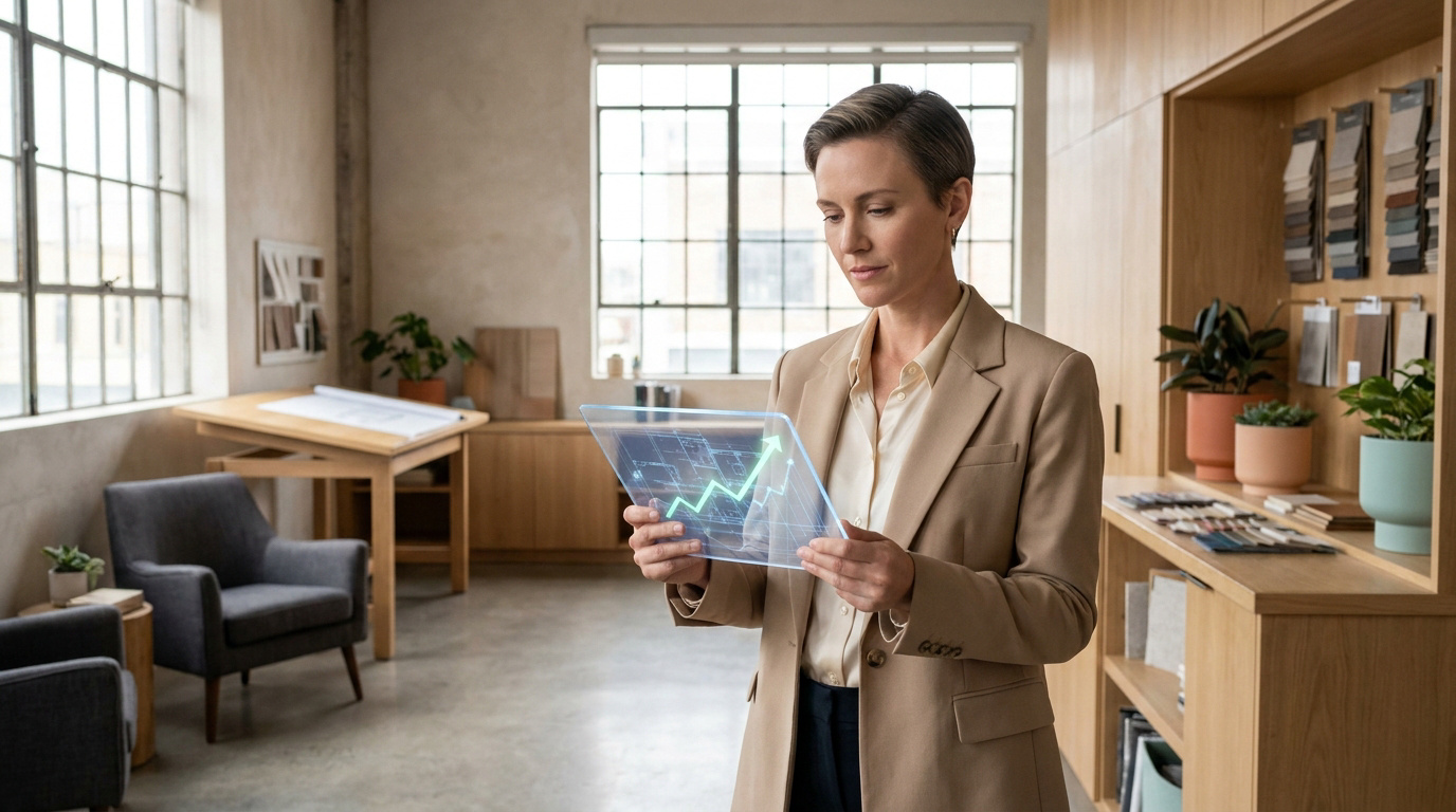 Architecte d'intérieur consultant un graphique de progression financière sur une tablette numérique transparente.