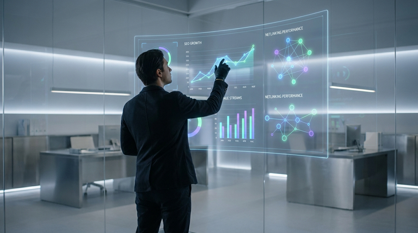 Un analyste SEO manipulant des données numériques holographiques dans un bureau moderne et futuriste.