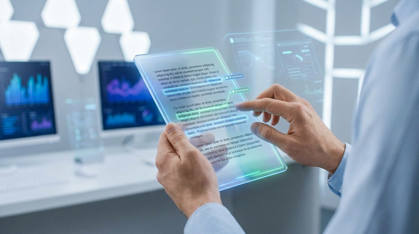 Personne utilisant une tablette holographique transparente pour corriger des textes via une interface IA futuriste.