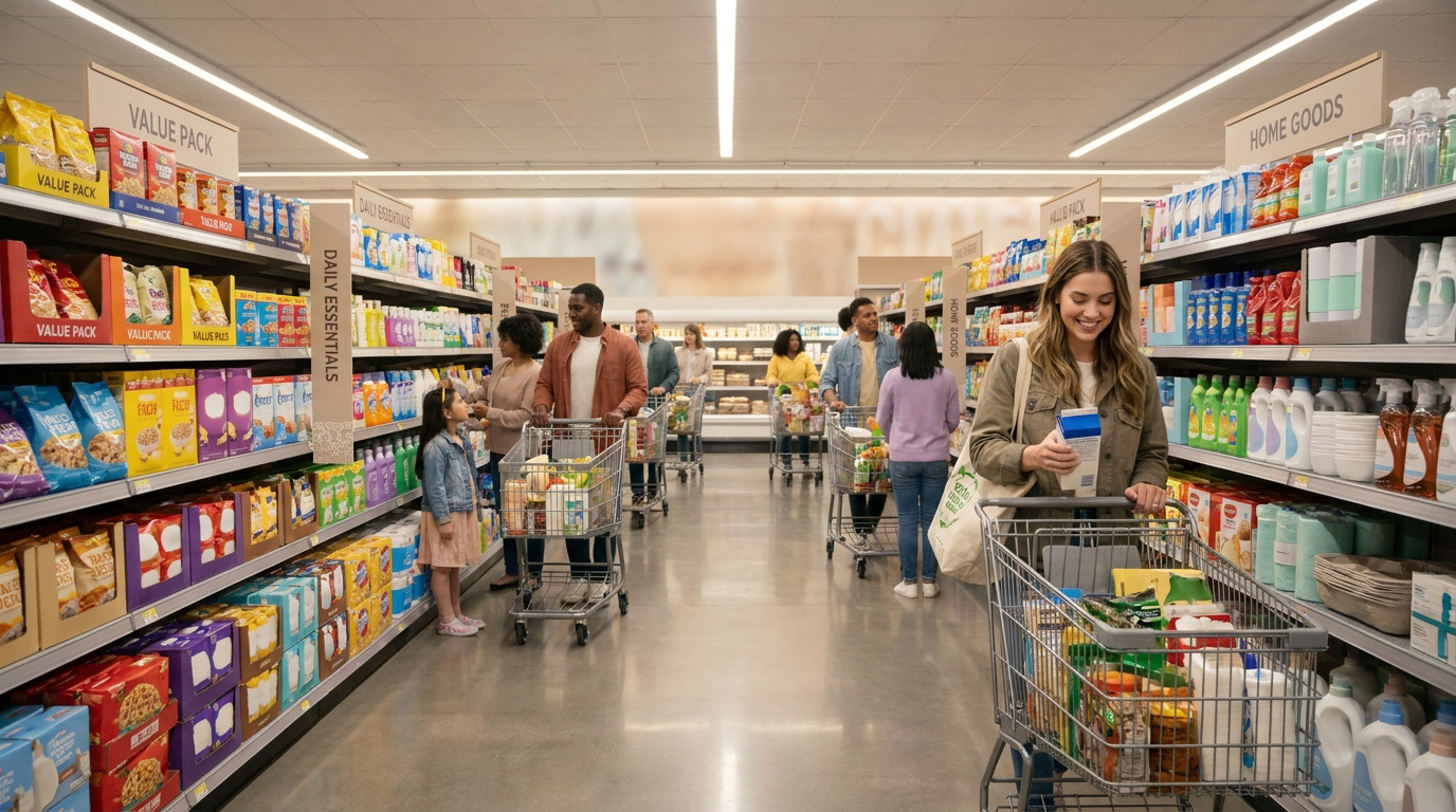 Clients faisant leurs courses dans les rayons d'un supermarché discount moderne et bien organisé.
