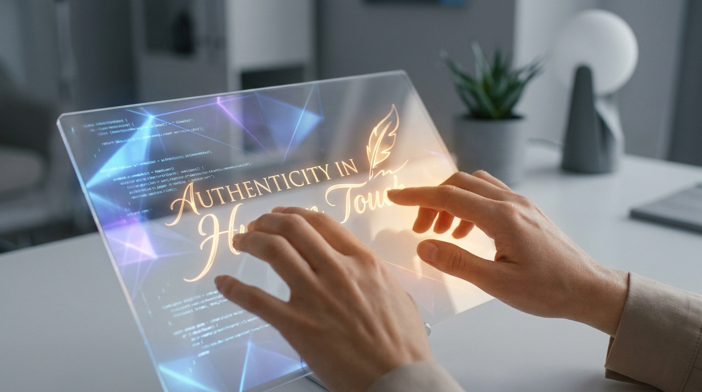 Mains interagissant avec un écran tactile holographique affichant "Authenticity in Human Touch" et du code informatique.