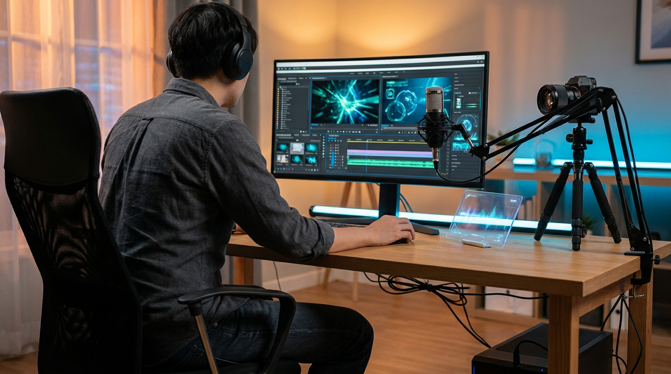Un créateur de contenu travaille sur le montage d'une vidéo sur son ordinateur, avec un micro et une caméra sur son bureau.