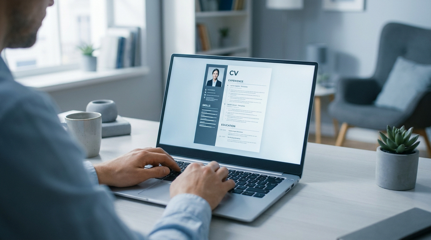 Une personne travaillant sur un ordinateur portable affichant un modèle de CV professionnel.