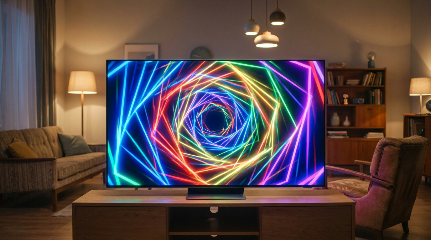 Un grand écran de télévision affiche un tunnel psychédélique aux néons multicolores dans un salon chaleureux.