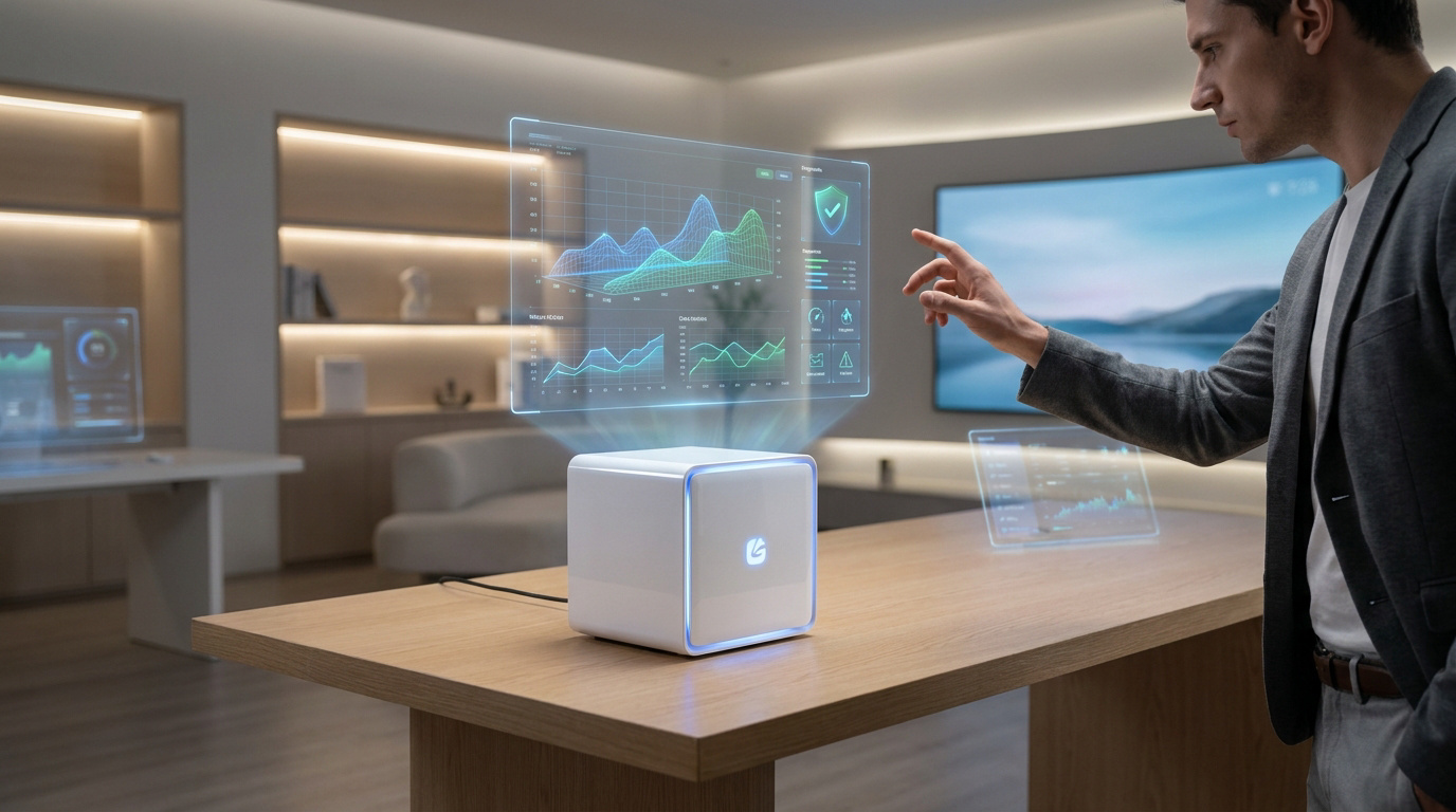 Un homme interagit avec une interface holographique projetée au-dessus d'un boîtier blanc minimaliste dans un bureau moderne.