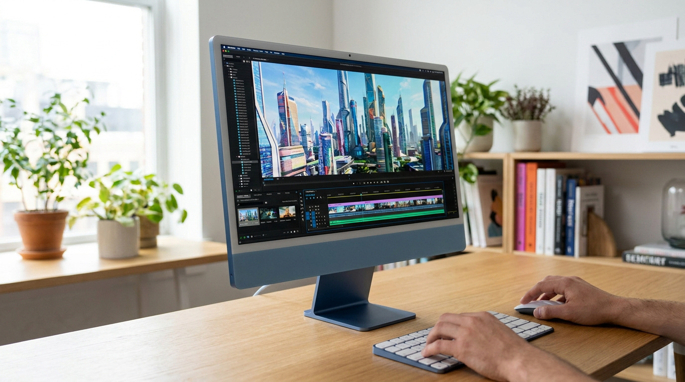 iMac 24 pouces bleu posé sur un bureau en bois, utilisé par une personne pour du montage vidéo professionnel.