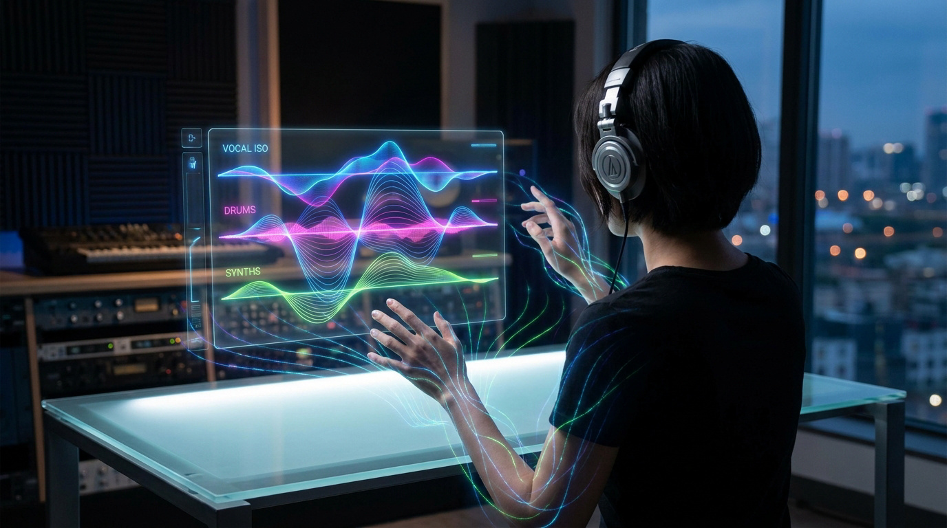 Une personne utilisant une interface holographique pour éditer des pistes audio dans un studio professionnel.