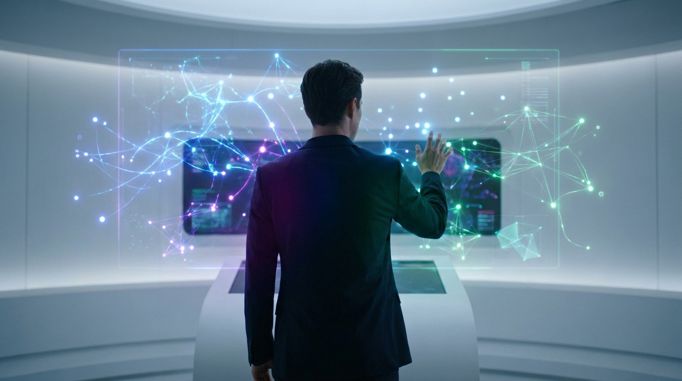 Un homme en costume interagit avec une interface holographique futuriste représentant un réseau neuronal complexe.