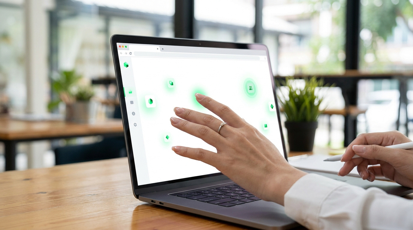 Une personne utilise un ordinateur portable avec une interface d'extension minimaliste à l'écran.