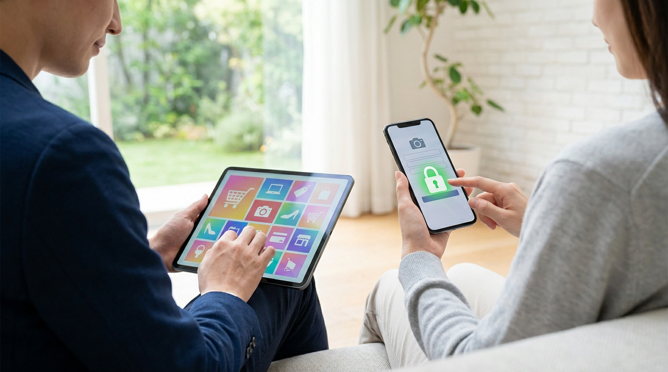 Un couple utilise une tablette et un smartphone pour des achats en ligne sécurisés avec une icône de cadenas.