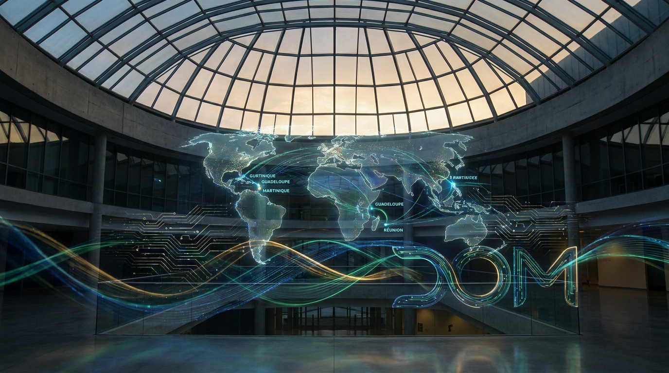 Une carte du monde holographique et le mot DOM projetés dans un hall moderne avec des flux de données lumineux.