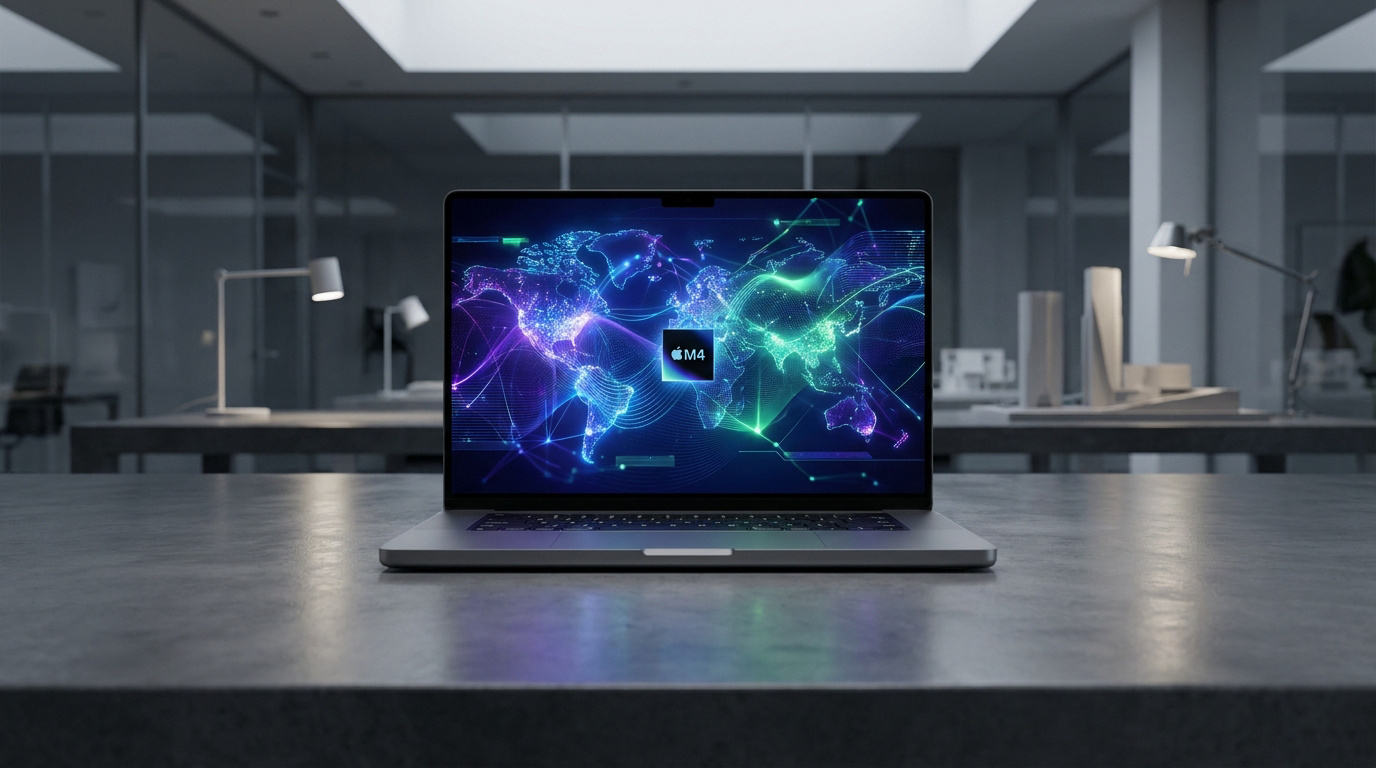 Un MacBook Pro affichant une carte du monde numérique stylisée et le logo Apple M4 sur un bureau moderne.